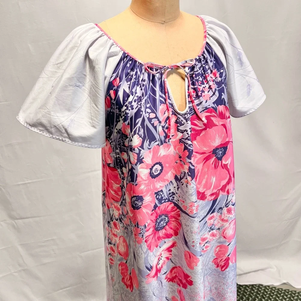 VINTAGE 60s 70s floral house dress‎ nightgown long maxi short flutter sleeve